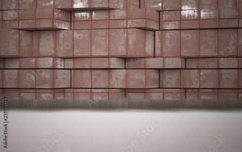 Empty abstract room interior of sheets rusted metal, brown concrete and white glossy floor. Architectural background. 3D illustration and rendering