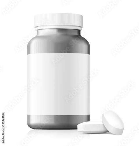 Mockup of plastic bottle with pills isolated on white background. Can be used for medical, cosmetic. Quickly allow you to present your idea or the finished product. Vector illustration. EPS10.