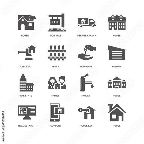 House, Fence, For sale, Faucet, Family, House key icon 16 set EP