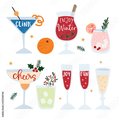Set of hand drawn alcoholic drinks  cocktails with lettering quotes. Happy New Year celebration concept. Isolated vector icons. Flat design.