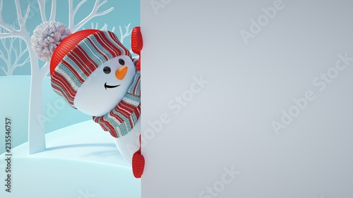 3d render, cute snowman, playing hide and seek, looking out the corner, holding blank banner, white page, Christmas background, New Year, greeting card template, space for text, winter landscape