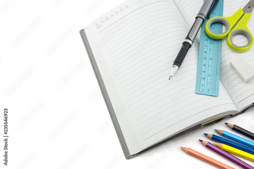 School stationery isolated over white with copyspace School stationery isolated over white with copyspace