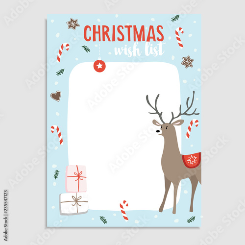 Cute Christmas greeting card, wish list. Reindeer with candy canes, fir tree branches, gingerbread cookies, gift packages and snow. Hand drawn vector illustration background.