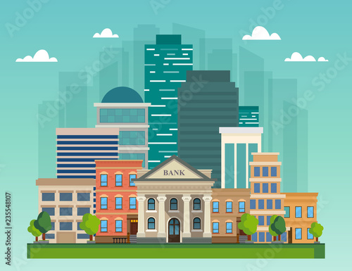 Flat vector illustration cityscape. City skyline office buildings, bank and family houses.