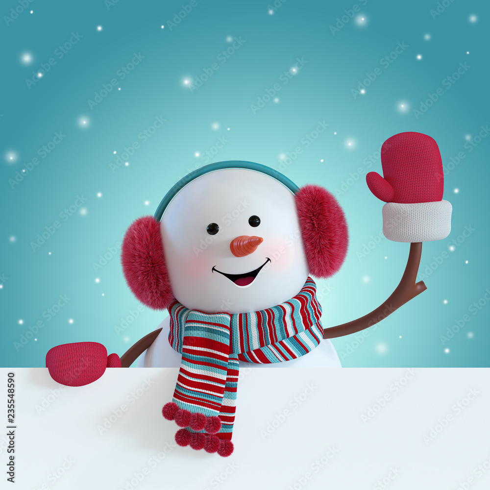 Obraz premium 3d render, christmas snowman character, wearing furry headphones, scarf, waving hand, blank banner, greeting card template, space for text, winter holiday clip art, snowfall, funny toy, illustration