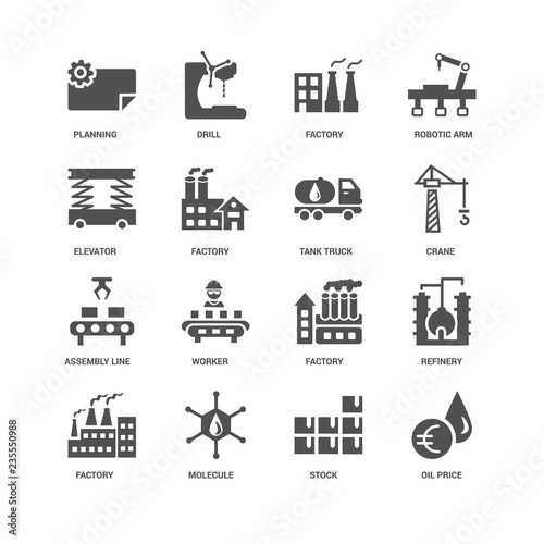 Oil price, Factory, Planning, Drill, Refinery, Worker, Stock ico