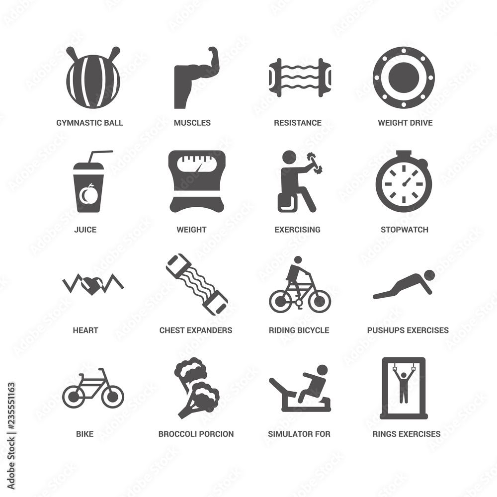 Fototapeta premium Rings Exercises, Simulator for press, Gymnastic Ball, Bike, Push