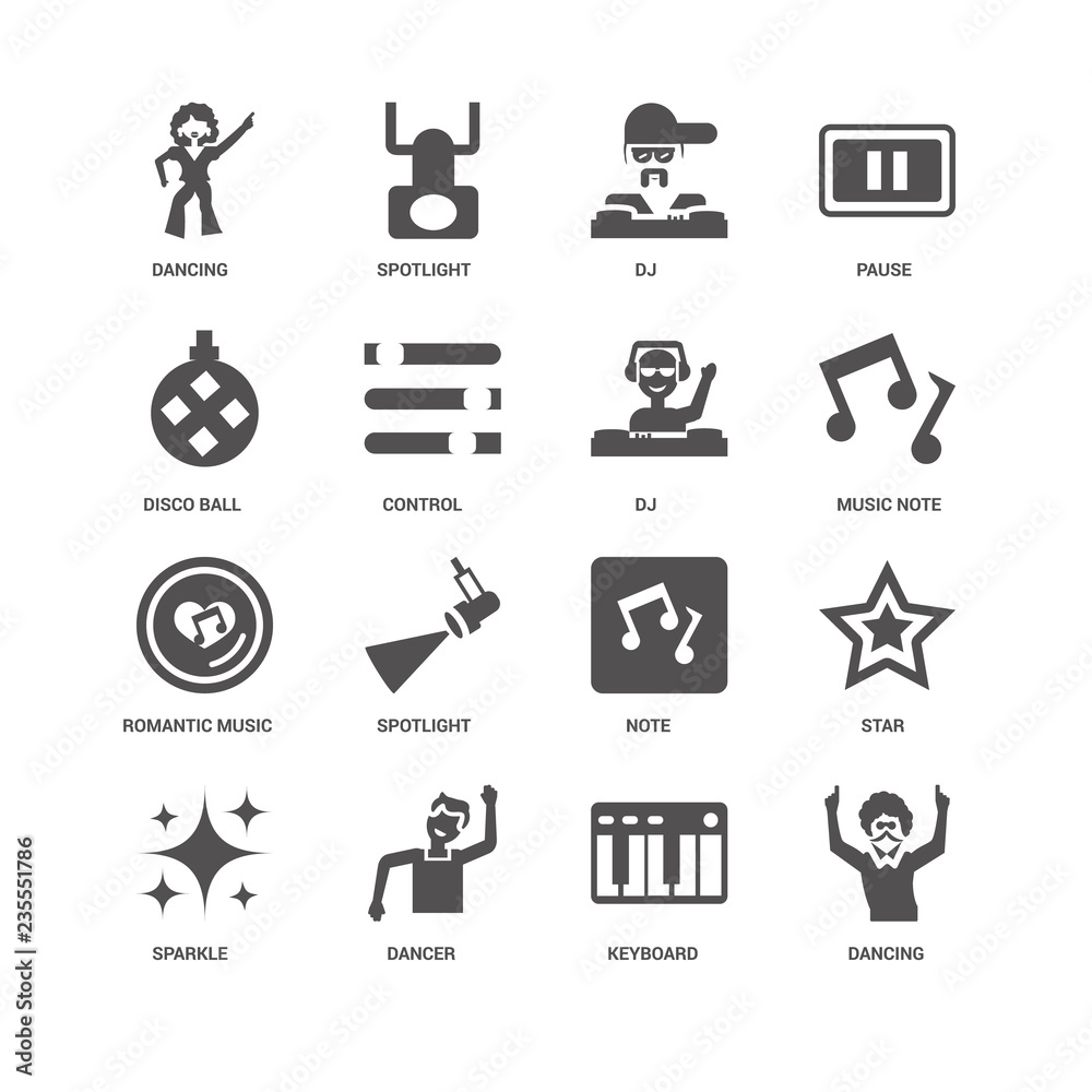 Dancing, Music note, DJ, Sparkle, Star, Disco ball, Romantic mus Dancing, Music note, DJ, Sparkle, Star, Disco ball, Romantic mus