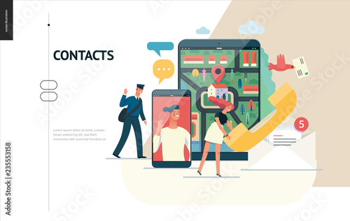 Business series  color 1 - contacts - modern flat vector illustration concept of intercommunicators. Connection ways and tools -web  phone  chat  messenger  post. Creative landing page design template