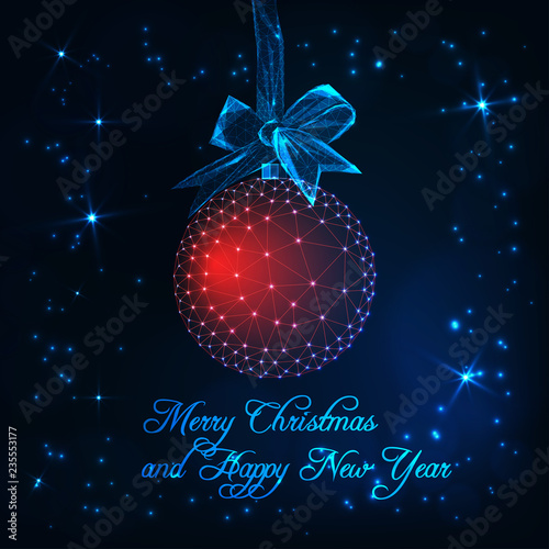 Merry Christmas and Happy New Year card with red glow low poly ball with ribbon bow, stars and text