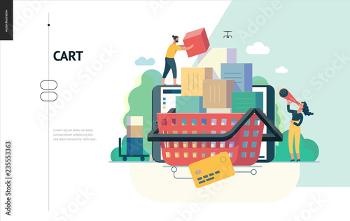 Business series, color 1- cart - modern flat vector illustration concept of online shop - people placing boxes into the cart. Purchase cart and shopping process. Creative landing page design template