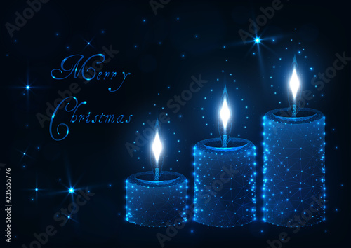Merry Christmas greeting card with decorative aroma candle with flames, shiny stars and text.
