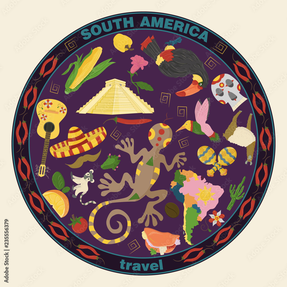 drawing_9_made in flat style on the theme of South America, animals, buildings, plants, holidays, continent map, food design elements tourism travel, sticker design for printing and decoration drawing_9_made in flat style on the theme of South America, animals, buildings, plants, holidays, continent map, food design elements tourism travel, sticker design for printing and decoration