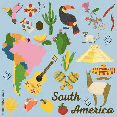 drawing made in flat style on the theme of South America, animals, buildings, plants, holidays, continent map, food design elements tourism travel, sticker design for printing and decoration