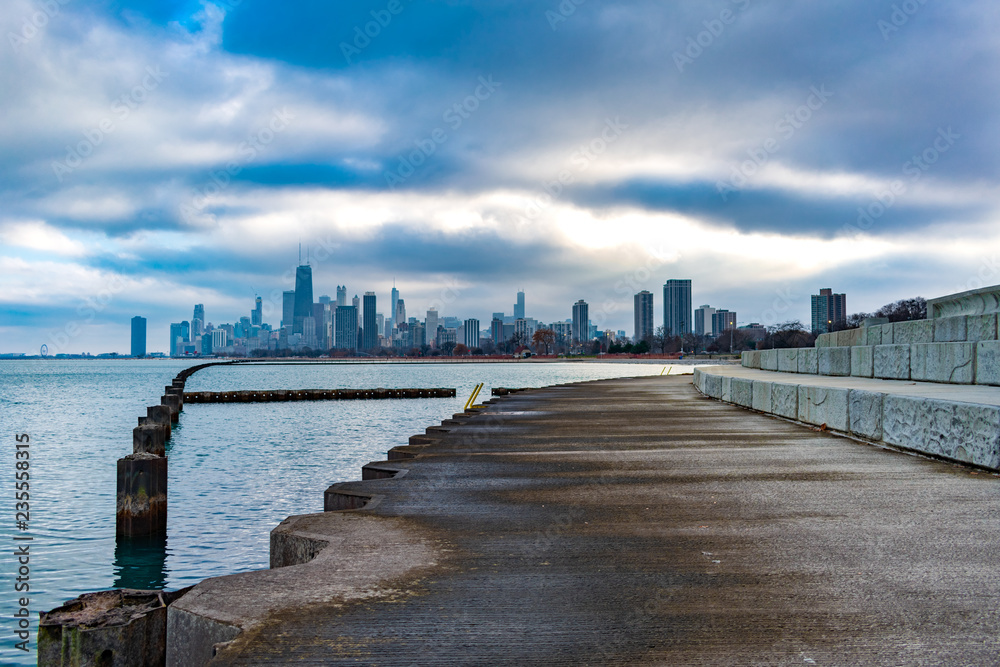Lakefront Trail in Lincoln Park Chicago with Skyline