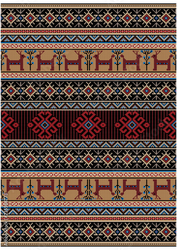 Original luxury vintage oriental carpet with yellow, red and black colors and stylized deer,flowers