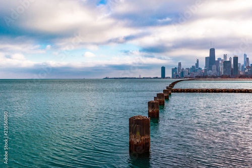 Pillars in Lake Michigan with the Chicago Skyline in the Distance