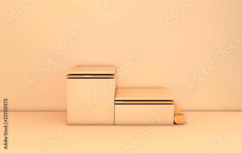 3d rendered gold and beige geometric shapes  podium in the room. Set of platforms for product presentation  mock up. Abstract composition in modern minimal design
