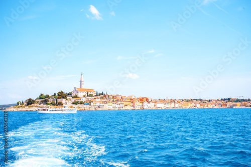 Wallpaper Mural Romantic and colorful old town Rovinj during summer on a bright day with turquoise sea and blue sky. Istrian Peninsula, Croatia, Europe. Marina of an old Venetian town near the Adriatic sea, Rovinj Torontodigital.ca