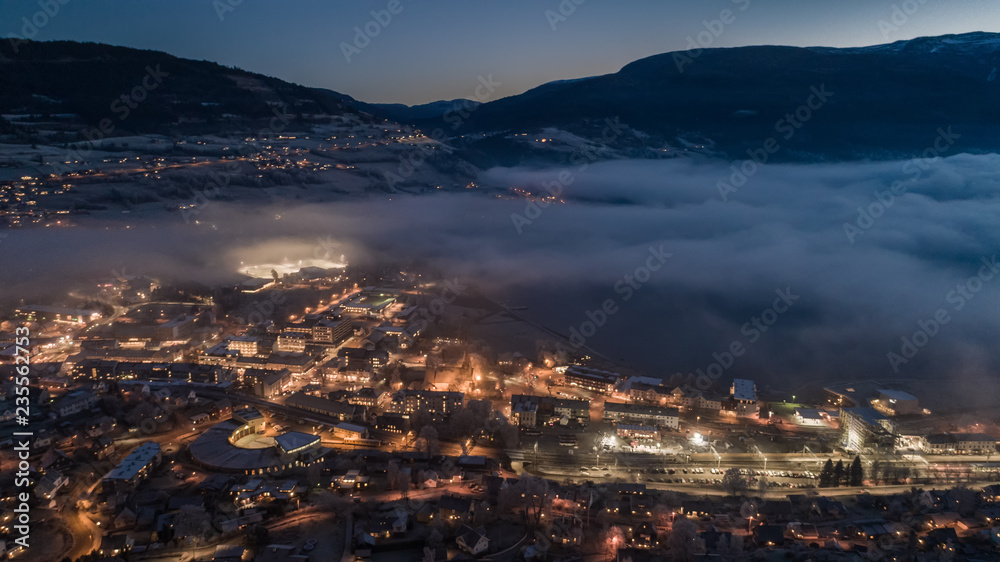Stratus clouds over Voss town. Hordaland, Norway.