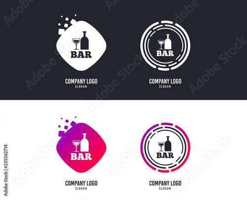 Logotype concept. Bar or Pub sign icon. Wine bottle and Glass symbol. Alcohol drink symbol. Logo design. Colorful buttons with icons. Vector