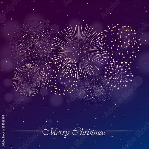 Firework show on purple night sky background with glow and sparkles. Christmas concept. Invitation, card, party background. Vector illustration