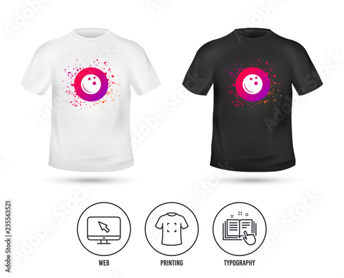 T-shirt mock up template. Bowling ball sign icon. Bowl symbol. Realistic shirt mockup design. Printing, typography icon. Bowling vector