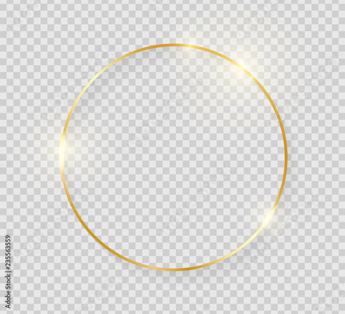 Gold shiny glowing vintage frame with shadows isolated on transparent background. Golden luxury realistic round border. Vector illustration
