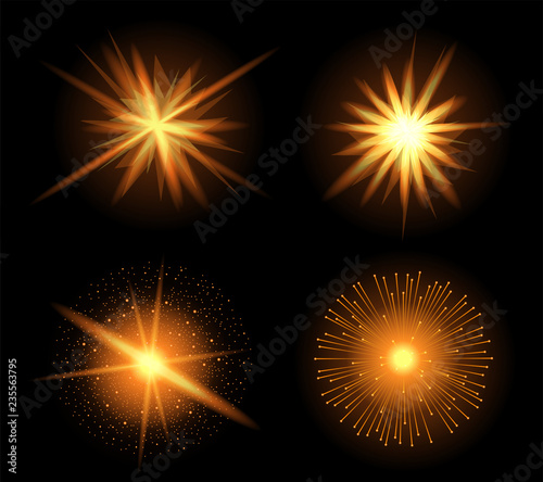 Realistic golden sparkle effect pack isolated on black. Firework  explosion  galaxy  fiery sparks concept. Vector illustration