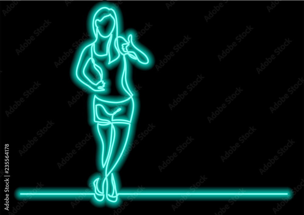 continuous line drawing of standing fitness woman showing thumb up with neon vector effect continuous line drawing of standing fitness woman showing thumb up with neon vector effect