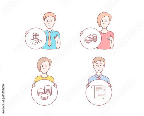 People set of Savings, Tips and Loyalty program icons. Payment card sign. Finance currency, Cash coins, Gift. Agreement conditions. Character hold circle button. People vector