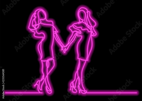 continuous line drawing of two happy standing young women with neon vector effect