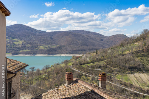 View of Lake Turano from the village of Castel di Tora. Lake Turano, Lazio, Italy. photo