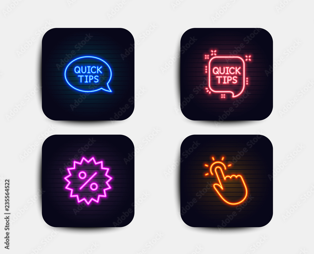 Neon set of Quick tips, Discount and Quickstart guide icons. Touchpoint sign. Helpful tricks, Special offer, Touch technology. Neon icons. Glowing light banners. Vector Neon set of Quick tips, Discount and Quickstart guide icons. Touchpoint sign. Helpful tricks, Special offer, Touch technology. Neon icons. Glowing light banners. Vector