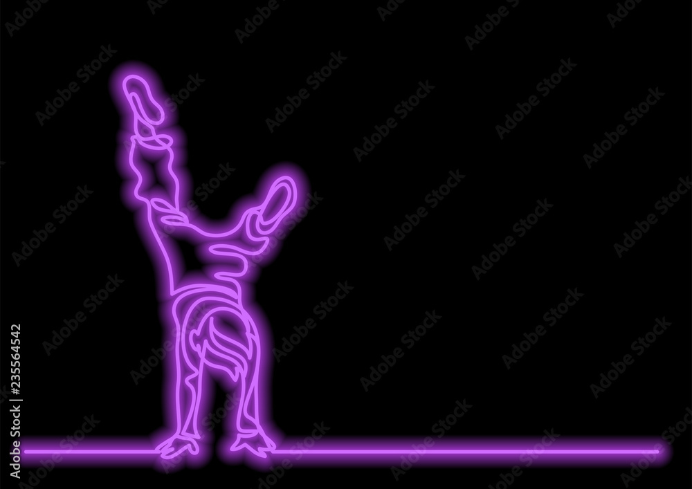 one line drawing of boy standing on his hands with neon vector effect