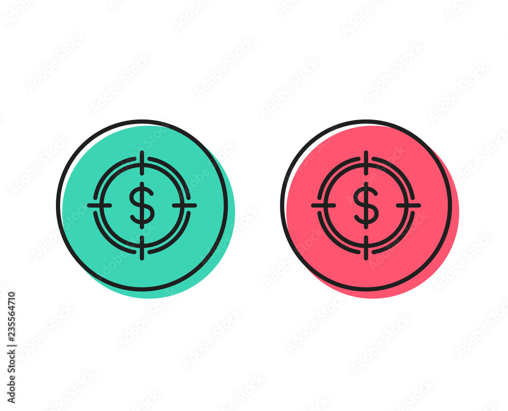 Target with Dollar line icon. Aim symbol. Cash or Money sign. Positive and negative circle buttons concept. Good or bad symbols. Dollar Target Vector Target with Dollar line icon. Aim symbol. Cash or Money sign. Positive and negative circle buttons concept. Good or bad symbols. Dollar Target Vector