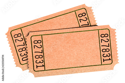 Old blank raffle tickets isolated white background