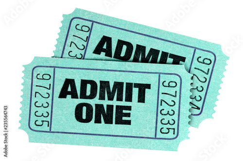 Two green admit one movie tickets isolated on white background.