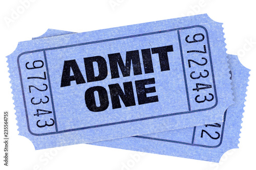 Two blue admit one movie tickets stubs