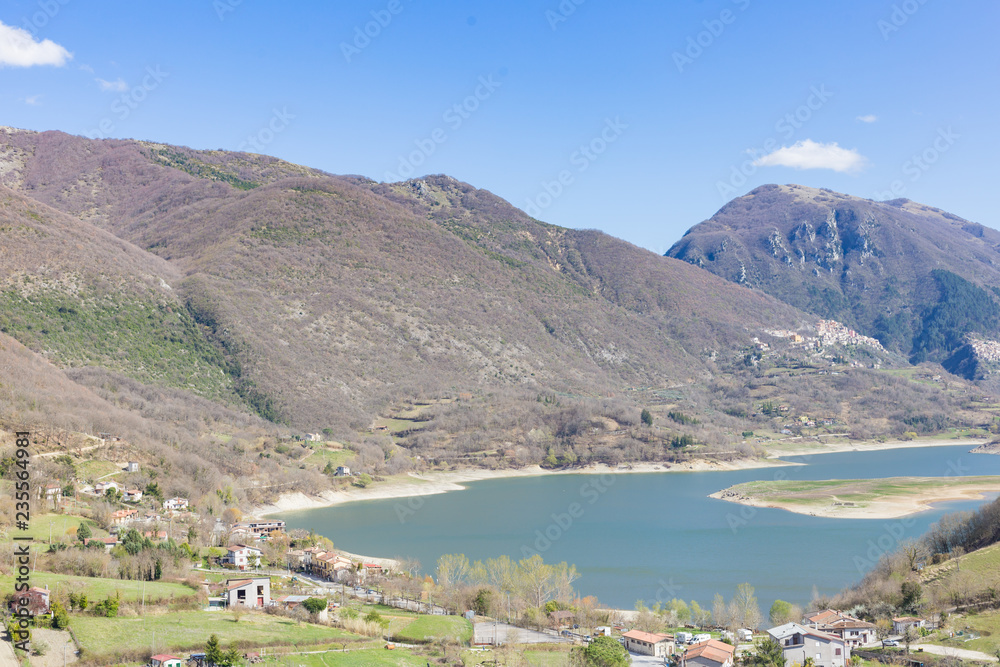 View of Lake Turano from the village of Castel di Tora. Lake Turano, Lazio, Italy.