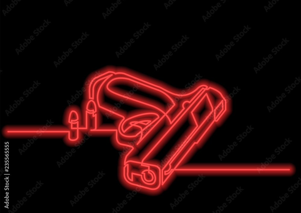 one line drawing of isolated vector object - handgun with bullets with neon vector effect one line drawing of isolated vector object - handgun with bullets with neon vector effect