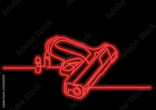 one line drawing of isolated vector object - handgun with bullets with neon vector effect