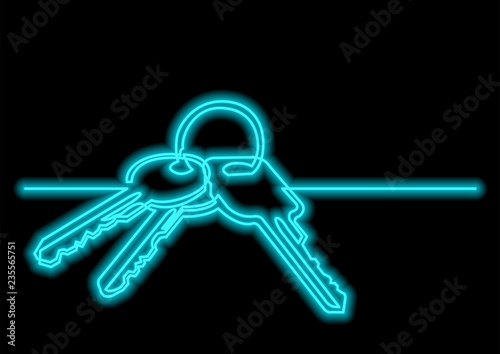 one line drawing of isolated vector object - keys with neon vector effect