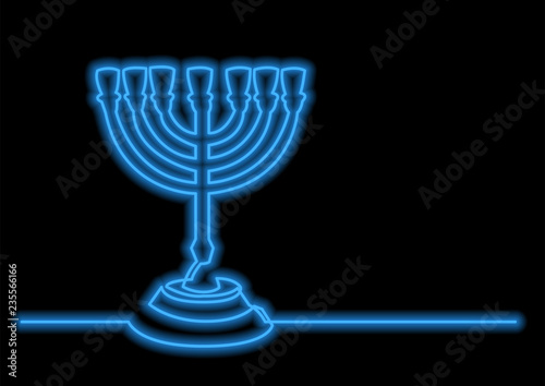one line drawing of isolated vector object - seven branch menorah with neon vector effect