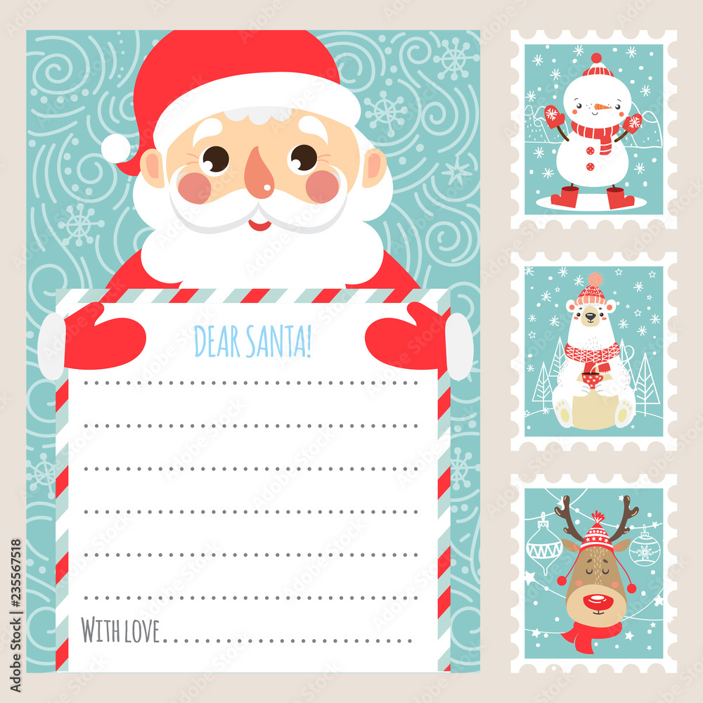 Template Christmas letter for Santa Claus. Printable card. Postage In Letter From Santa Claus Template