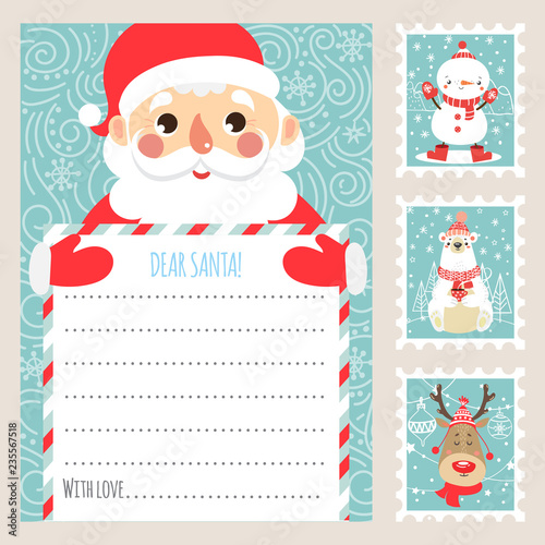 Template Christmas letter for Santa Claus. Printable card. Postage stamps. Vector illustration