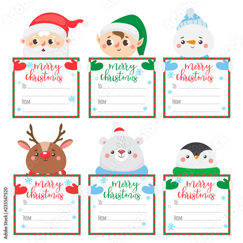 Set of Christmas and New Year labels with animals and Santa. Vector illustration.
