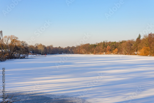  Frozen lake at Plötzensee near Goethepark and Volkspark Rehberge in Wedding district in Berlin, Germany.