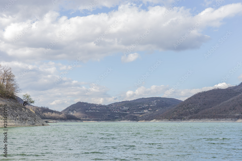 View of Lake Turano from the village of Castel di Tora. Lake Turano, Lazio, Italy.
