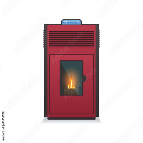 Pellet stove. Fireplace House heating. The Furnace turned on with fire inside. Vector stock illustration.